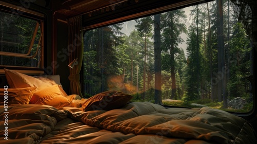 A cozy bed with golden lighting inside a campervan overlooking a lush green forest, showcasing the beauty of nature through a large window