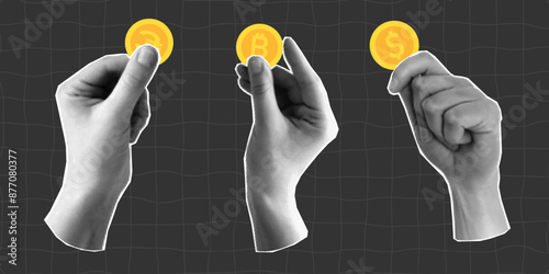 Set of halftone collage with hands holding gold coins, euro, dollar and bitcoin. Banner with concept of payment and financial planning, saving. Gestures on a dark checkered background.