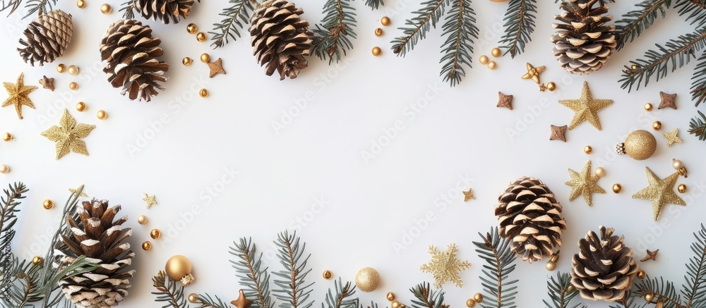 Flat lay top view of a Christmas frame adorned with gold decorations like pine cones, star anise, and spruce branches on a white background with room for text or images. Flat lay top view of a Christmas frame adorned with gold decorations like pine cones, star anise, and spruce branches on a white background with room for text or images.