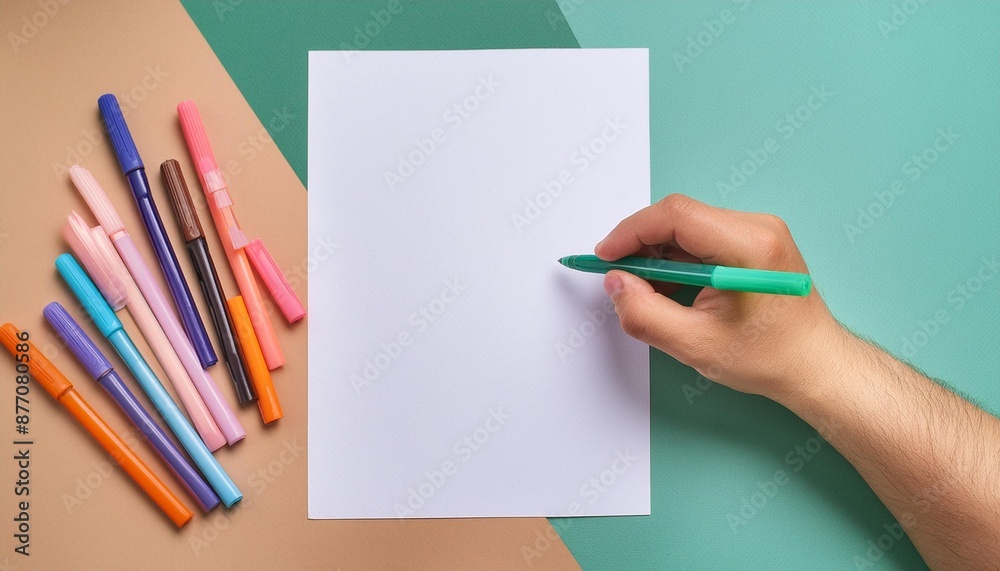 A person's hand writing on a blank white paper sheet with colorful gel pens. A person's hand writing on a blank white paper sheet with colorful gel pens.