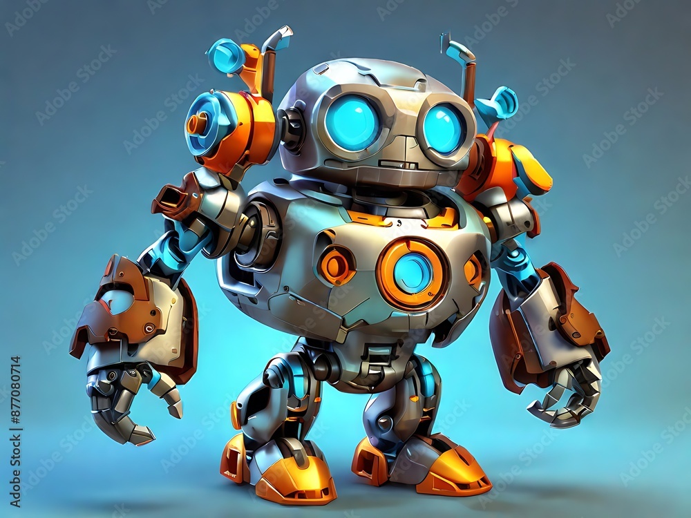 Illustrate a 3D cartoon robot character with a friendly and playful design, featuring exaggerated mechanical parts. Illustrate a 3D cartoon robot character with a friendly and playful design, featuring exaggerated mechanical parts.