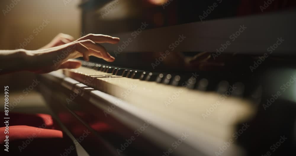 Close Up on Pianist Hands Practicing to Play Jazz on a Grand Piano. Female Musician is Focused on Creating Beautiful Instrumental Song as She Undergoing a Learning Process