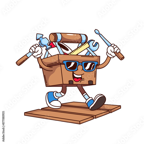 Groovy builder toolbox cartoon character walking to construction site. Funny retro box holding hammer and screwdriver, mechanic tool mascot, cartoon sticker of 70s 80s style vector illustration