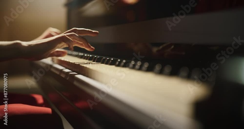 Close Up on Pianist Hands Practicing to Play Jazz on a Grand Piano. Female Musician is Focused on Creating Beautiful Instrumental Song as She Undergoing a Learning Process