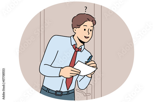 Man eavesdrops on business secrets standing near office door and writing insider information at paper. Guy is spying on boss and trying to get hold of insider data of company or corporation