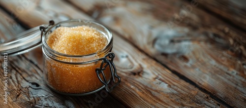 Natural cane sugar in a glass jar on a wooden table with copy space image. photo