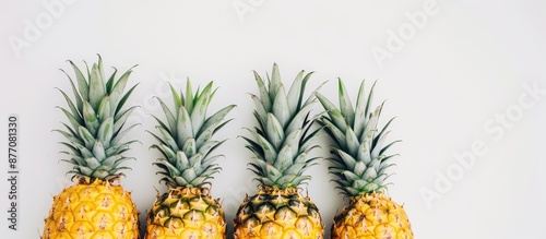 A white background showcases three vibrant pineapples with leafy tops. Copy space image.