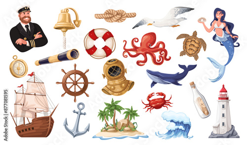 Marine set, cartoon sea elements, old nautical equipment of ship and characters. Vintage wooden boat and ship navigation objects, underwater animals in cute cartoon collection vector illustration
