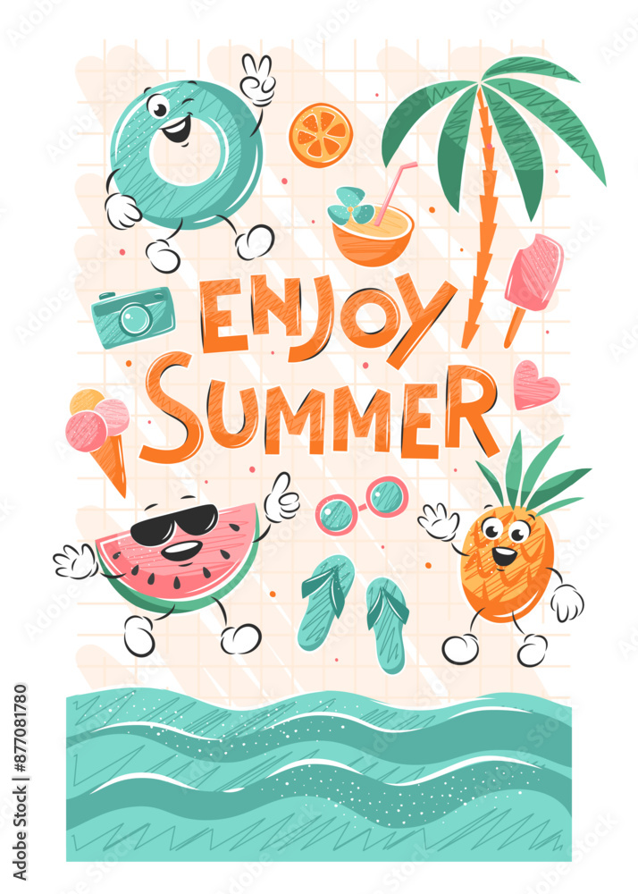 Fototapeta premium Banner with cartoon summer fruits and lifebuoy. Summer, holidays and travel background. Set of vector illustrations for poster, cover, card.