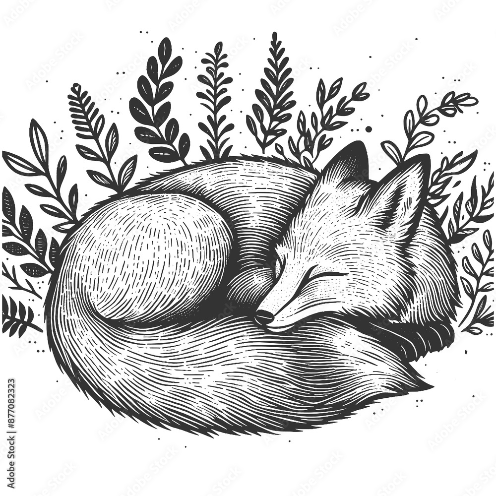 Fototapeta premium peaceful sleeping fox curled up in a lush forest setting with intricate foliage details sketch engraving generative ai raster illustration. Scratch board imitation. Black and white image.