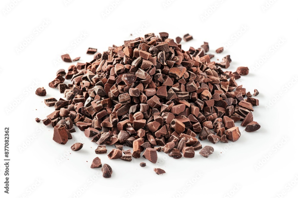 A compact pile of colorful chocolate chips on a white surface, ideal for use in food and dessert photography A compact pile of colorful chocolate chips on a white surface, ideal for use in food and dessert photography