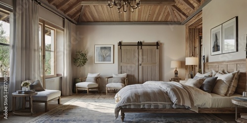 Stylish boutique hotel bedroom, king - sized bed with luxury linen, soft ambient light, minimalistic decor, contemporary artwork, wooden floors, architectural details photo