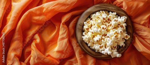 Top view of sweet popcorn in a wooden bowl on orange bedding, perfect for munching during a movie night, with available copy space in the image. photo