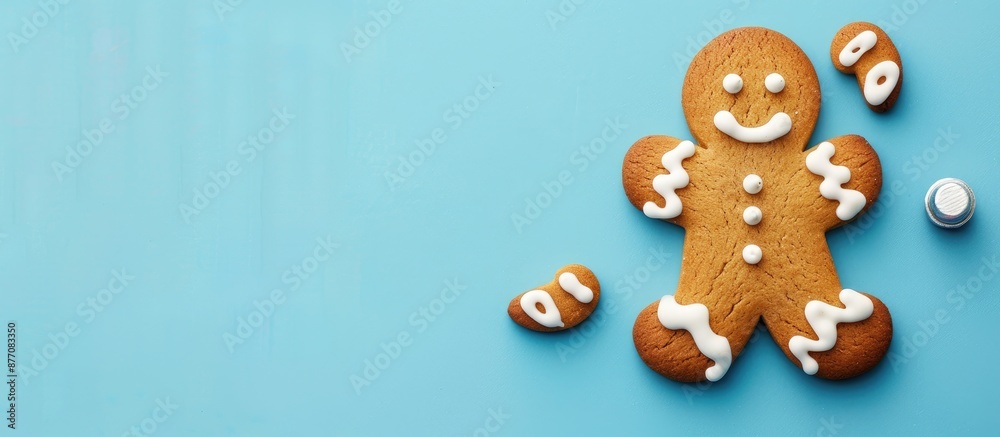 A gingerbread man with white icing on blue pastel backdrop, perfect for Christmas, with copy space image for a festive touch. A gingerbread man with white icing on blue pastel backdrop, perfect for Christmas, with copy space image for a festive touch.