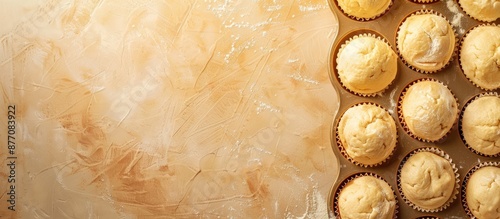 Aerial view of cupcake molds filled with dough, with copy space image. photo