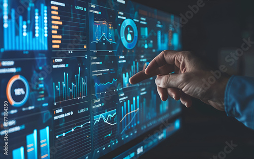 Professional Analyzing Data on Virtual Interface. Businessman using virtual screen with business analytics information, closeup. Businessman Utilizing Virtual Screen for Business Analytics