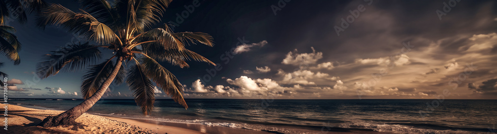 Fototapeta premium Panorama banner photo of idyllic tropical beach with one palm tree. copy space.