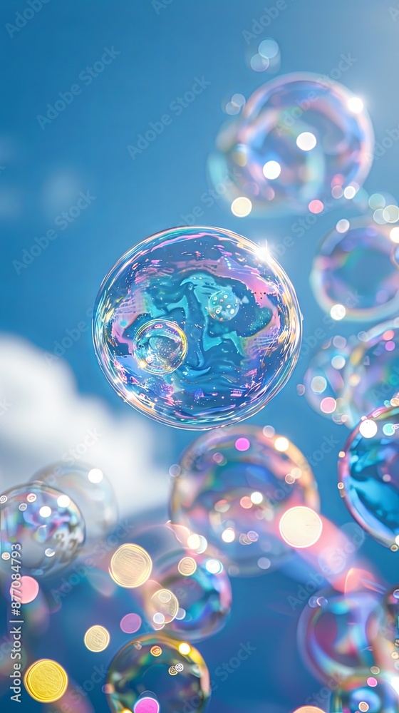 Beautiful soap bubbles with iridescent colors floating against a blue sky background, creating a captivating copy space image Beautiful soap bubbles with iridescent colors floating against a blue sky background, creating a captivating copy space image