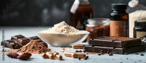 Bodybuilding supplements like whey protein, chocolate bar, amino acid and creatine capsules laid on a white table with a dark backdrop, providing room for adding text or other images. photo
