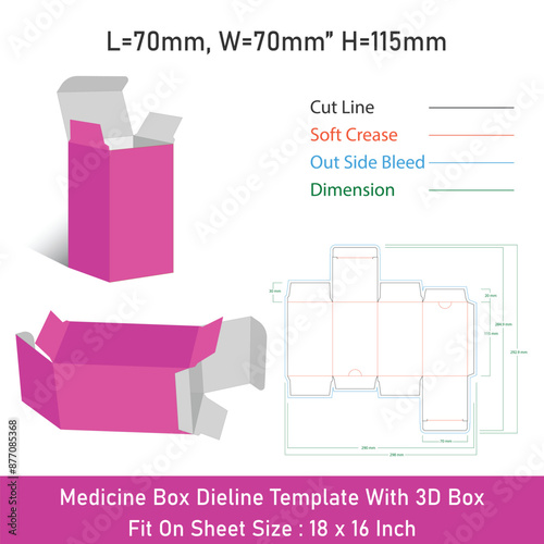Medicine box Dieline Template, Size 70x70x115 mm and 3D