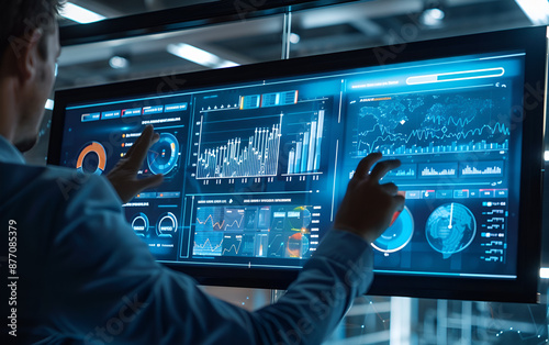 Businessman Using Interactive Display for Data Insights. Businessman Analyzing Data on Virtual Screen. Businessman using virtual screen with business analytics information, closeup