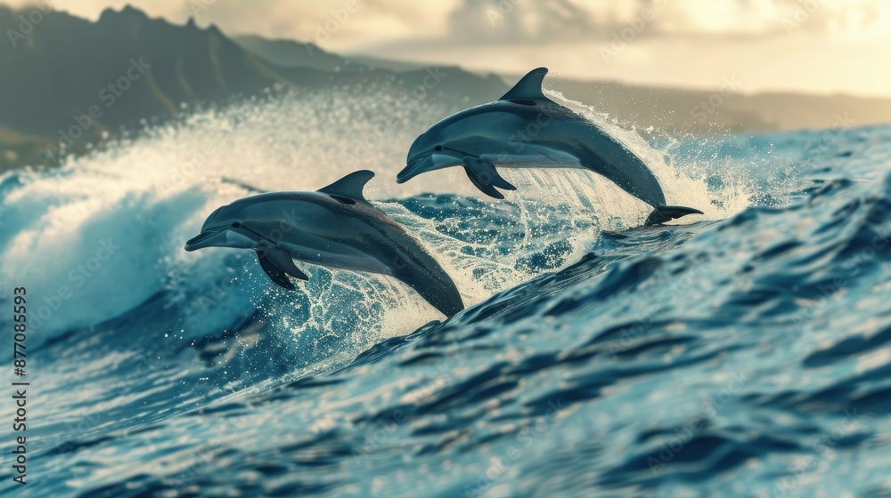 Fototapeta premium Playful dolphins jumping over breaking waves. Hawaii Pacific Ocean wildlife scenery. Marine animals in natural habitat generative ai 