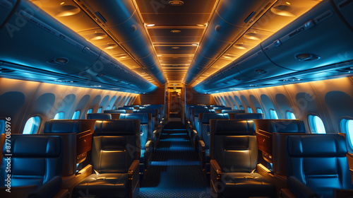 Inside a first-class aircraft cabin  highlighting luxurious seating  ambient lighting  and air travel comfort  captured in detail by professional photography.  