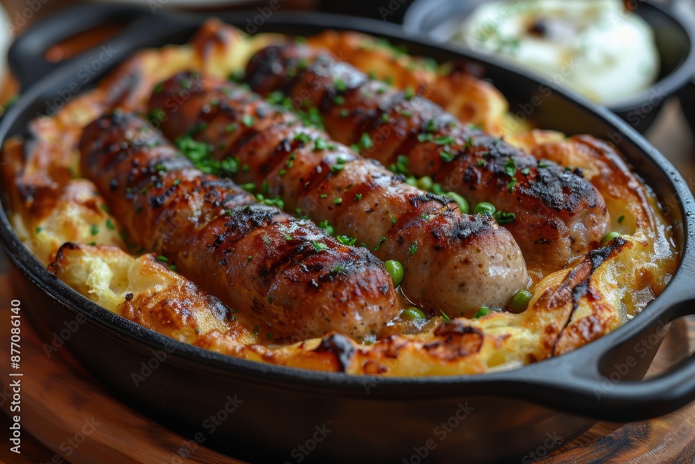 A dish of toad in the hole, with sausages baked in a Yorkshire pudding batter, served with peas and onion gravy. A dish of toad in the hole, with sausages baked in a Yorkshire pudding batter, served with peas and onion gravy.