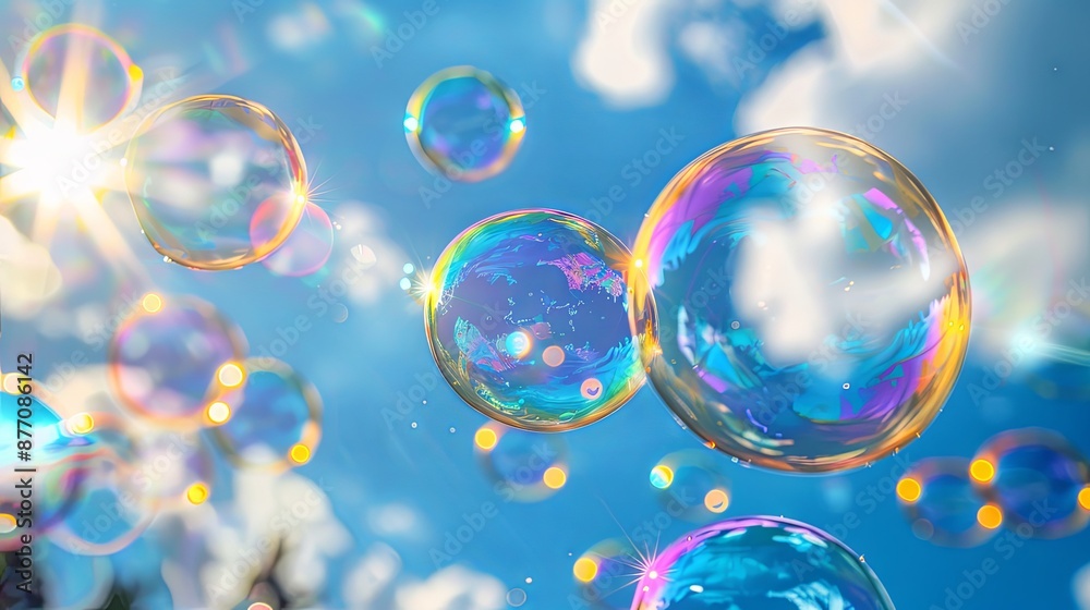 Beautiful soap bubbles with iridescent colors floating against a blue sky background, creating a captivating copy space image Beautiful soap bubbles with iridescent colors floating against a blue sky background, creating a captivating copy space image