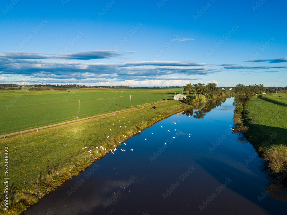 Aerial view of blue sky reflected in water of river used to irrigate farmland Aerial view of blue sky reflected in water of river used to irrigate farmland