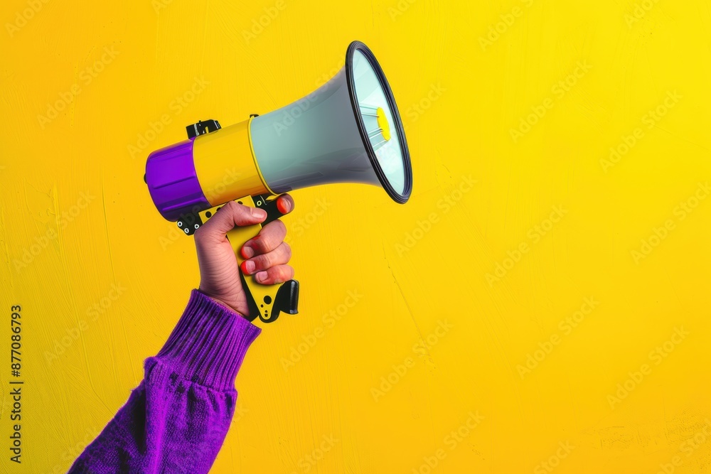Hand Holding Megaphone Against Yellow Background Hand Holding Megaphone Against Yellow Background