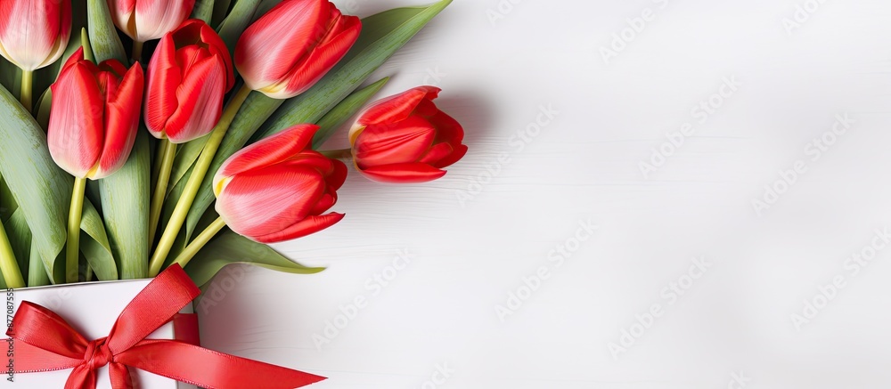 Valentine's Day concept featuring a bunch of red tulips, a present, and a white wooden backdrop with copy space image. Valentine's Day concept featuring a bunch of red tulips, a present, and a white wooden backdrop with copy space image.