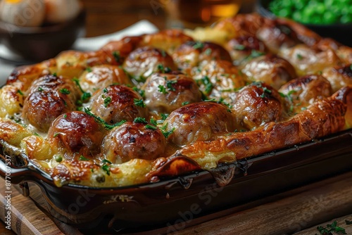 A dish of toad in the hole, with sausages baked in a Yorkshire pudding batter, served with peas and onion gravy.  photo