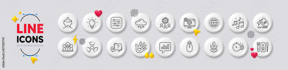 Fototapeta premium Coronavirus, Mental health and Light bulb line icons. White buttons 3d icons. Pack of Swipe up, Globe, Analytical chat icon. Music, Question mark, Cogwheel timer pictogram. Vector