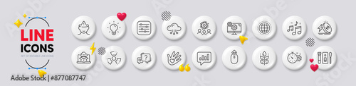 Coronavirus, Mental health and Light bulb line icons. White buttons 3d icons. Pack of Swipe up, Globe, Analytical chat icon. Music, Question mark, Cogwheel timer pictogram. Vector
