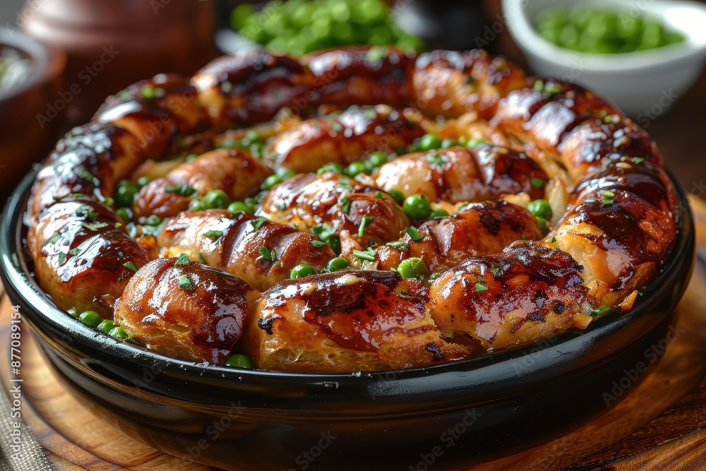 A dish of toad in the hole, with sausages baked in a Yorkshire pudding batter, served with peas and onion gravy. A dish of toad in the hole, with sausages baked in a Yorkshire pudding batter, served with peas and onion gravy.