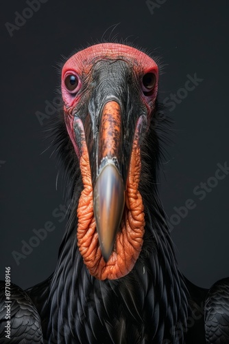  A tight shot of a bird's head, displaying a substantial beak and an expansive orange collar encircling its neck