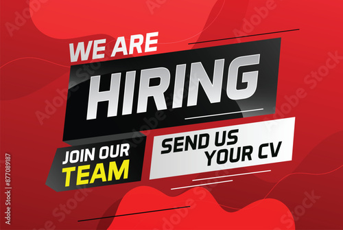 Hiring recruitment design for banner poster. We are hiring lettering with geometric shapes lines. Vector illustration typographic. Open vacancy design template

