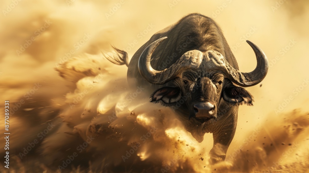 A large bull charges through a dusty field, mouth agape and eyes wide A large bull charges through a dusty field, mouth agape and eyes wide