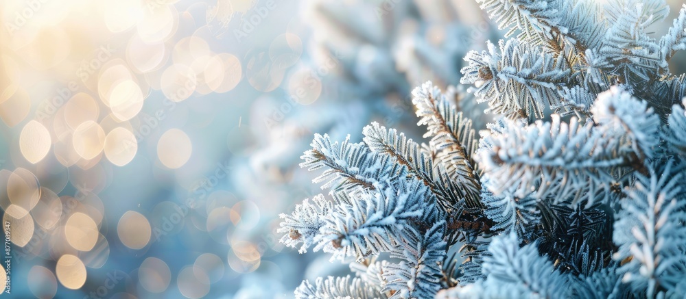 A Christmas tree's frost-covered branches on a cold, sunny day create a beautiful winter background with copy space image. A Christmas tree's frost-covered branches on a cold, sunny day create a beautiful winter background with copy space image.