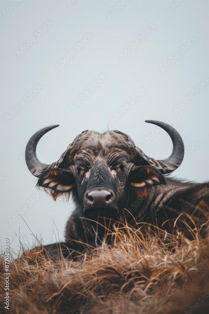 A tight shot of a bull with expansive horns reclining in a blanket of green grass Surrounding it, a gray expanse signaling an impending storm A tight shot of a bull with expansive horns reclining in a blanket of green grass Surrounding it, a gray expanse signaling an impending storm