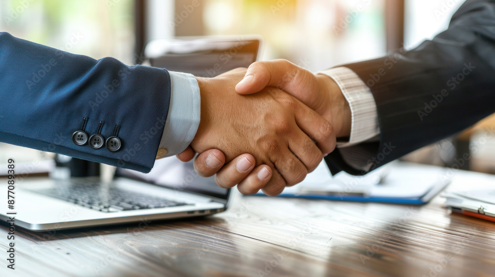 Two men shaking hands in a business setting. Concept of professionalism and trust between the two individuals Two men shaking hands in a business setting. Concept of professionalism and trust between the two individuals