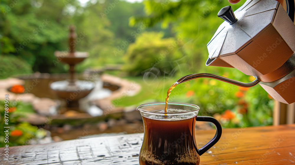 Φωτογραφία A telephoto angle photo of a person pouring coffee from a classic percolator int