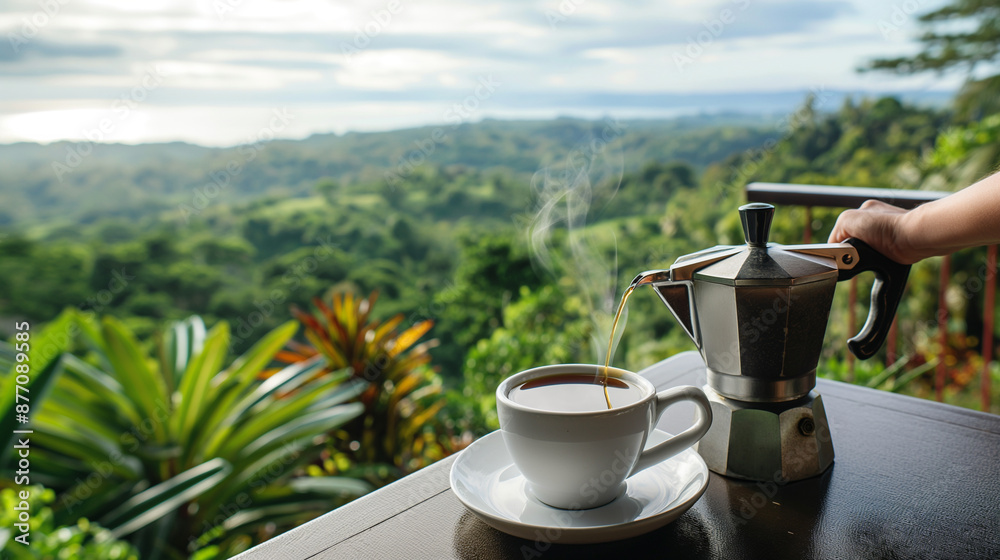 Φωτογραφία A telephoto angle photo of a person enjoying a cup of coffee brewed with a class
