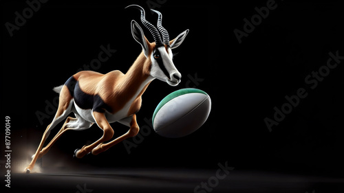 Action shot of a Springbok chasing a rugby ball on a black background 
