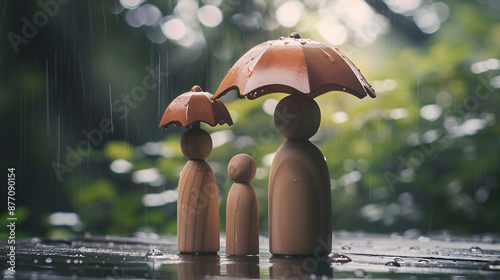 Family Safety and Insurance: Wooden Figures Under Umbrella. Comprehensive Family Insurance: Symbol of Protection. Family insurance concept shield protects family, security, health coverage for home 