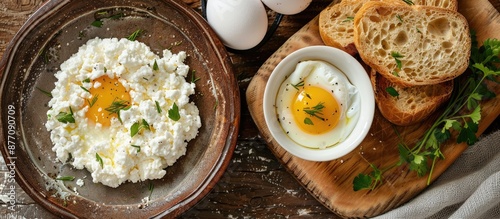 Copy space image of a plate featuring fried eggs, bread, and a bowl filled with cottage cheese placed on a rustic brown wooden table. photo