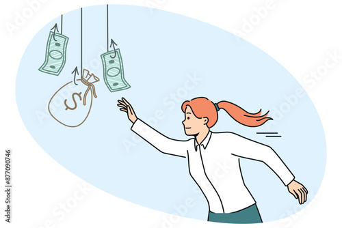 Woman is chasing money hanging on hook, wanting easy money and risking falling into trap. Concept of economic scam and promise of easy profit to involve people in financial pyramid