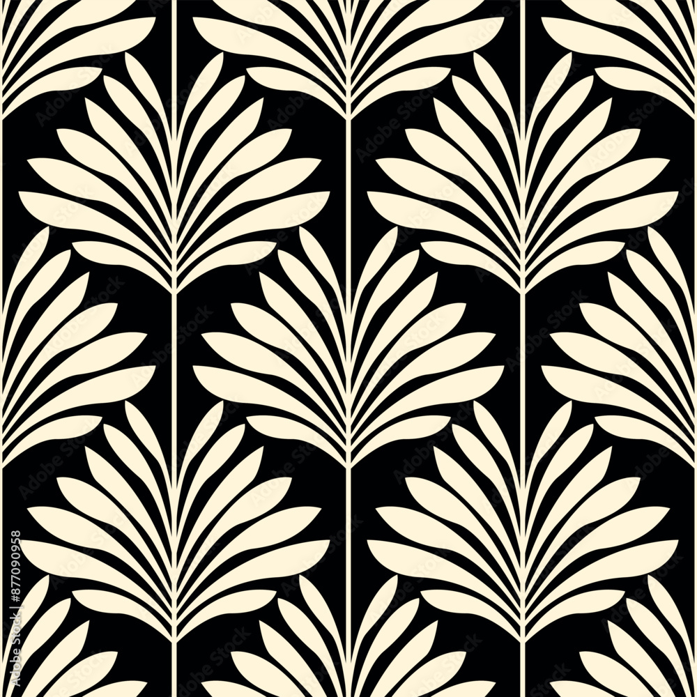 Vintage Art Deco Seamless Pattern. Geometric decorative with leaf texture. Retro background. Black background. Beige leaf. Wallpaper