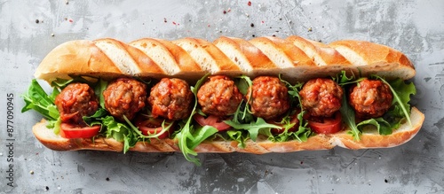 Top view image featuring a submarine sandwich filled with meatballs against a gray backdrop with space for additional content or graphics. photo